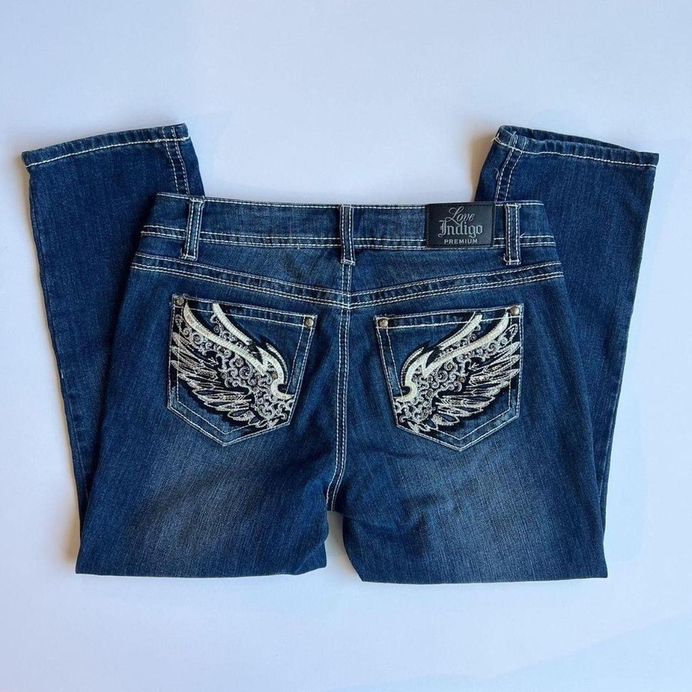 Y2K Love Indigo Low Rise Capris with Angel Wing Embellished Pockets